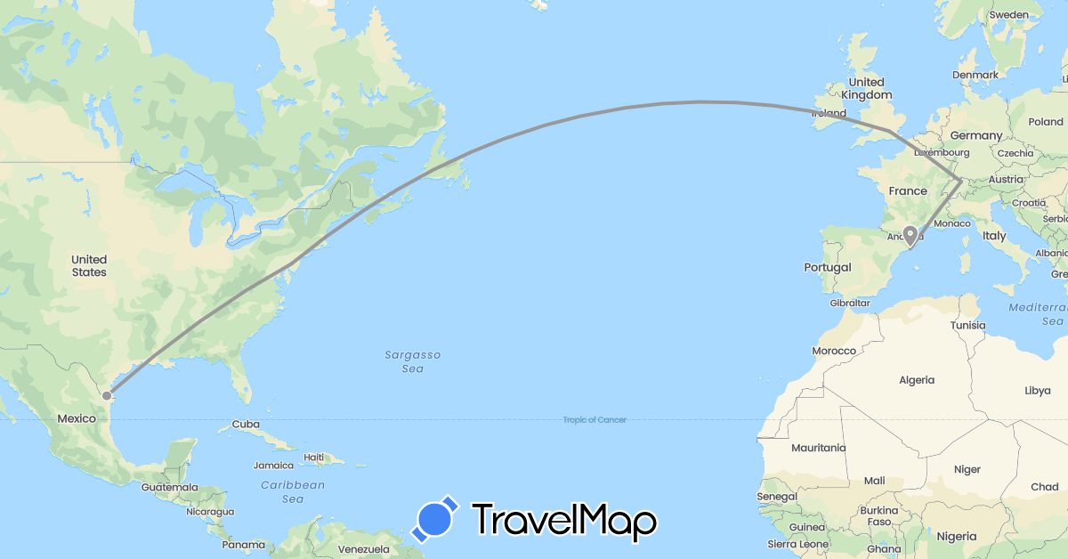 TravelMap itinerary: driving, plane in Switzerland, Spain, United Kingdom, United States (Europe, North America)