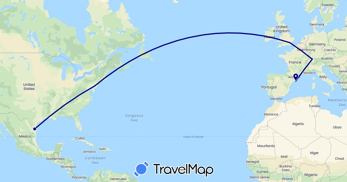 TravelMap itinerary: driving in Switzerland, Spain, United Kingdom, United States (Europe, North America)